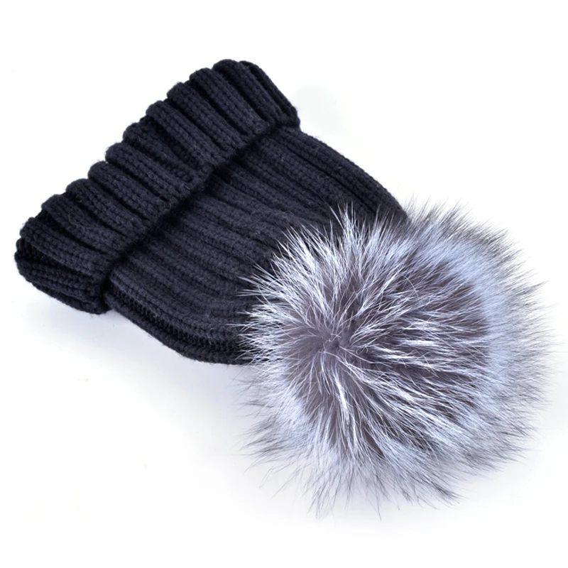 2018 Fashion winter cap female beanies fox fur big ball knitted hat bonnet hats for woman skullies