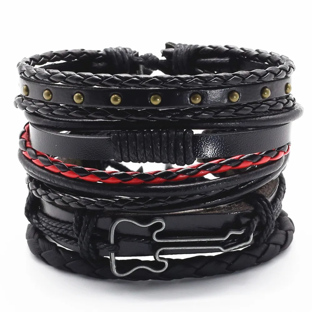 5 Pcs/set Punk Casual Woven Leaf Feather Wing Guitar Charm Wrap Men Leather Bracelets Women Homme Femme Male Jewelry