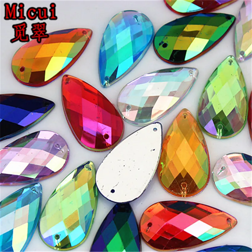 Micui 30PCS 16*30mm Drop Shape AB  Acrylic Rhinestone Sew On Flat Back Fancy Crystal Stones For Clothing Dress Decorations ZZ421