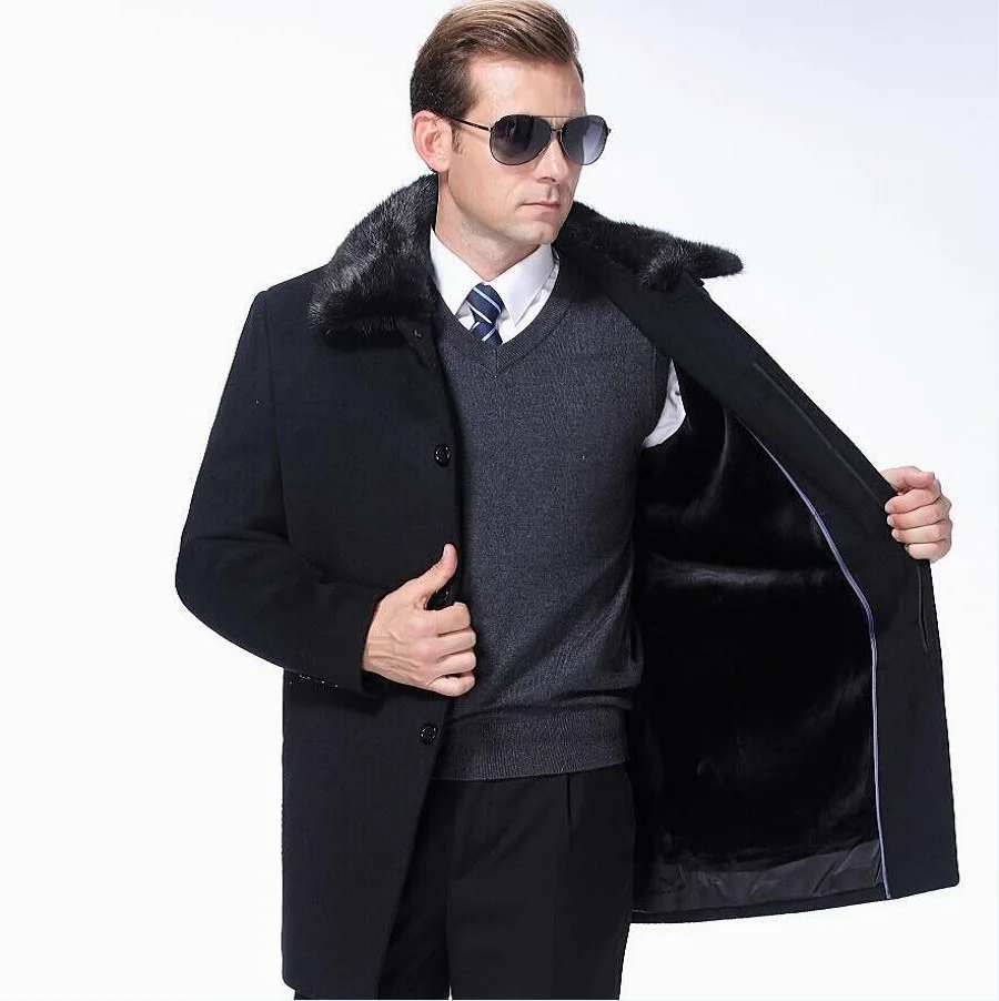 High Quality cashmere pure color long Woolen Trench Middle age wool Jacket long rabbit hairs collar Clothing fashion man Coat