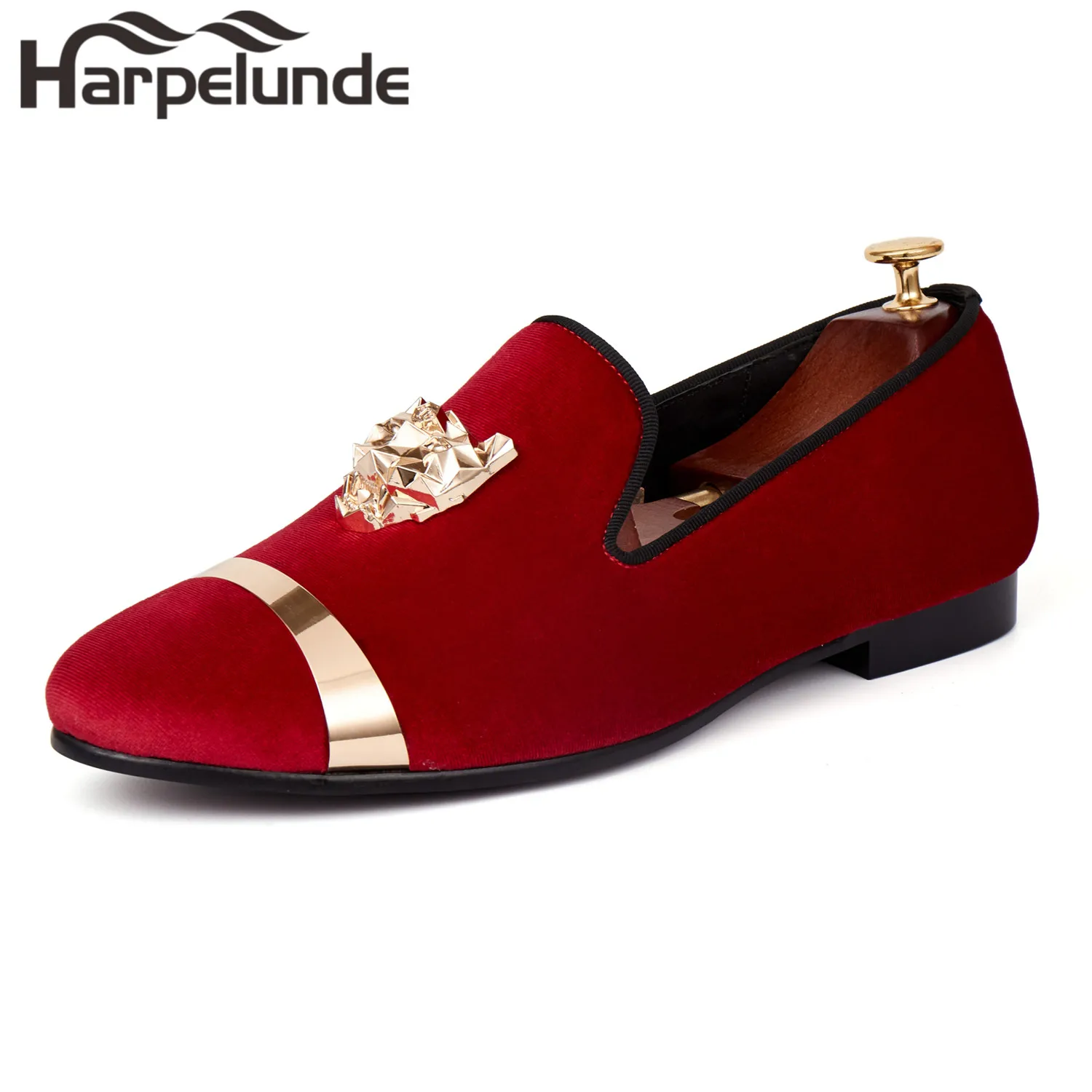 Harpelunde Men Flat Shoes Animal Buckle Blue Velvet Dress Loafers With Gold Plate Size 6-14