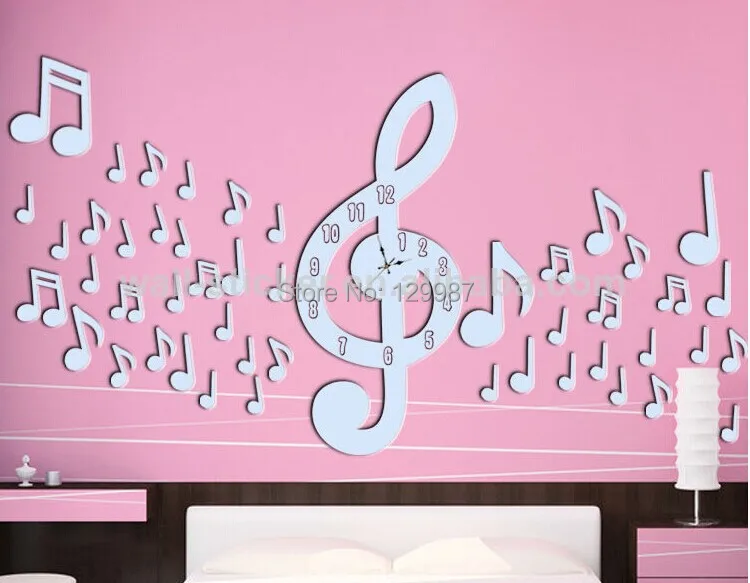 New design music notes wall clock mirror sticker , 3D decorative clock wall sticker mirror