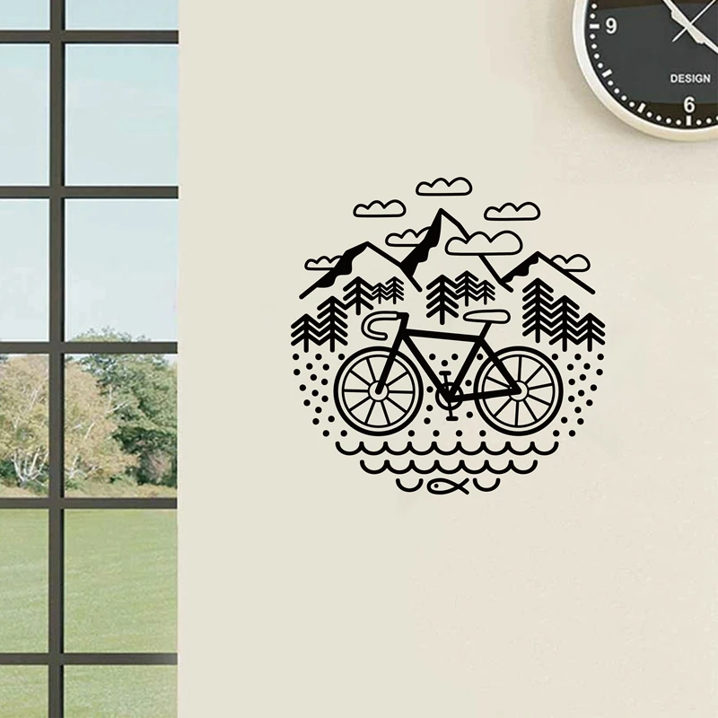 Bicycle and Mountains Wall Decal Cycling Gravel Bike Vinyl Wall Sticker Outdoor Cycling Wall Decor