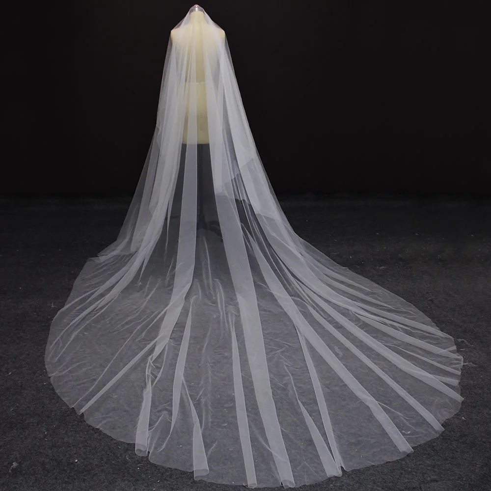 Real Photos New One layer 4 Meters Long Plain Tulle Wedding Veil WITHOUT Comb Beautiful White Ivory Bridal Veil