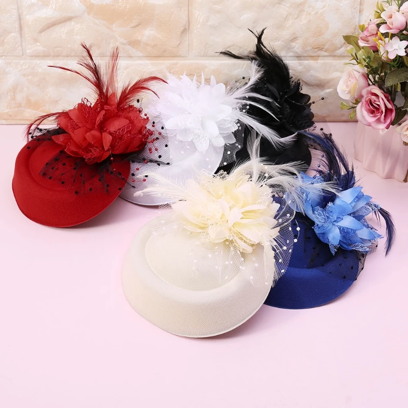 Hot New 1 Pc Girls Fascinator Hats Headband Women\'s Feather Flower Brides Hair Accessories Wedding 5 Colors High Quality