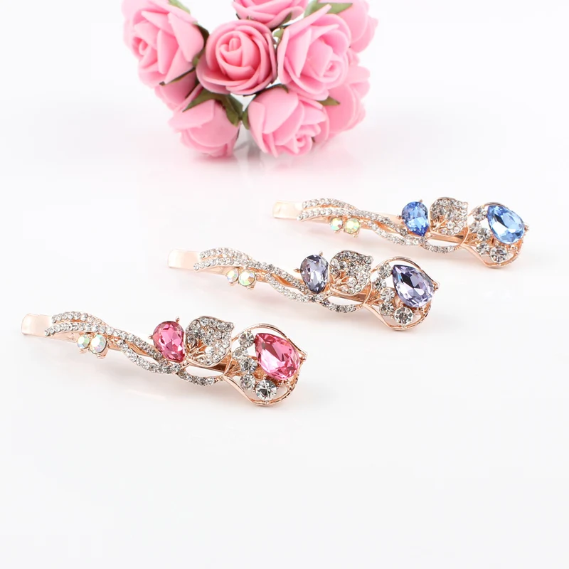 1 PC hair clip women flower rhinestones blue pink purple girls hot brand hairclip K9 crystal stones golden alloy head jewelry