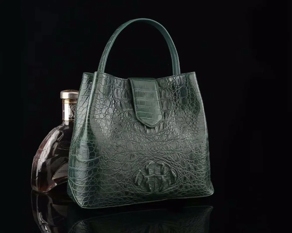 2018 new 100% genuine crocodile head skin leather women single top handle tote bag small size lady shoulder bag bucket