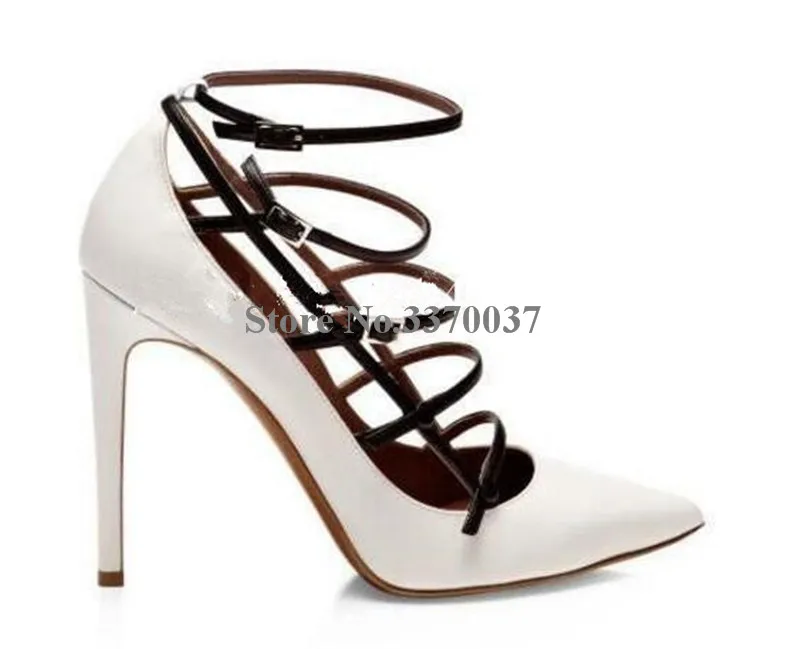 Linamong Fashion Pointed Toe Suede Leather Stiletto Heel Pumps Blue White Thin Straps Cross High Heels Formal Dress Shoes