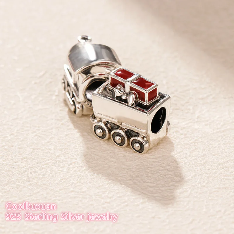 winter 100% 925 Sterling Silver Christmas Train Charm, Red Enamel beads Fit Original Pandora Charms Bracelet Jewelry