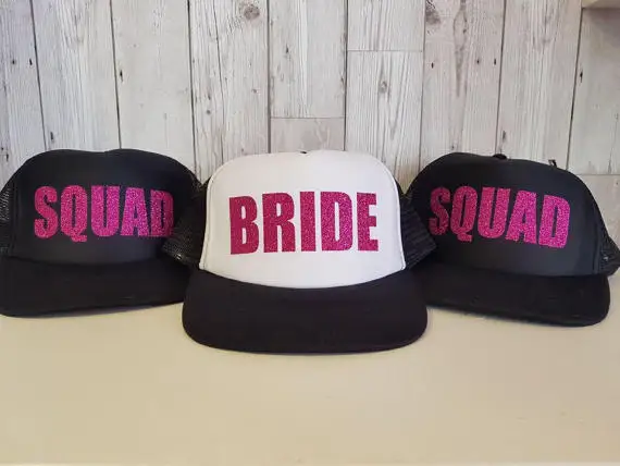 

fushia Bride Squad bridesmaid glitter trucker hats caps Bachelorette wedding favor gifts bridal shower party decorations