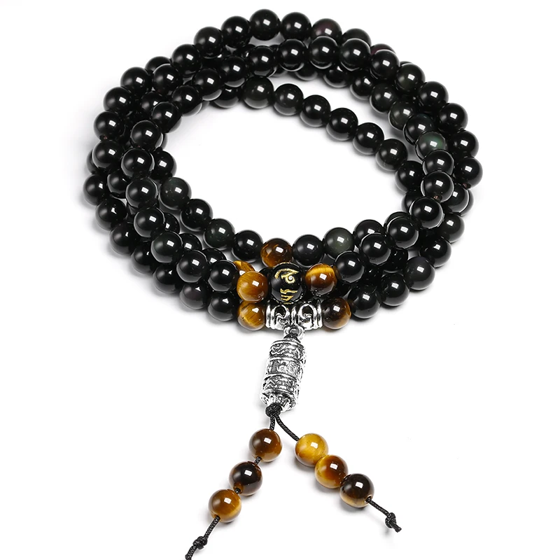 Natural Color obsidian Yoga Men 6mm 108 Beads Strand Bracelets Buddhism Six Words Mantra Buddha Tiger eye Bracelet For Women