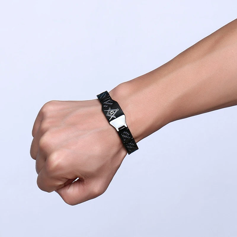 Masonic Black Magnetic Bracelet Men Stainless Steel Hand Chain ID Carbon Fiber High Magnet Health Energy Jewelry Male Waterproof