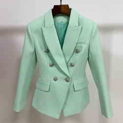 High Street 2024 Klassiek Barok Designerjack Dames Metalen Leeuwenknopen Double Breasted Getextureerde Blazer Mintgroen