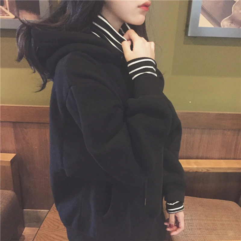 

Cotton New Autumn Women Long Sleeve Hoody Hoodies Collar Cuff Stripes Kpop Hooded Pullovers Ladies Casual Loose Sweatshirt