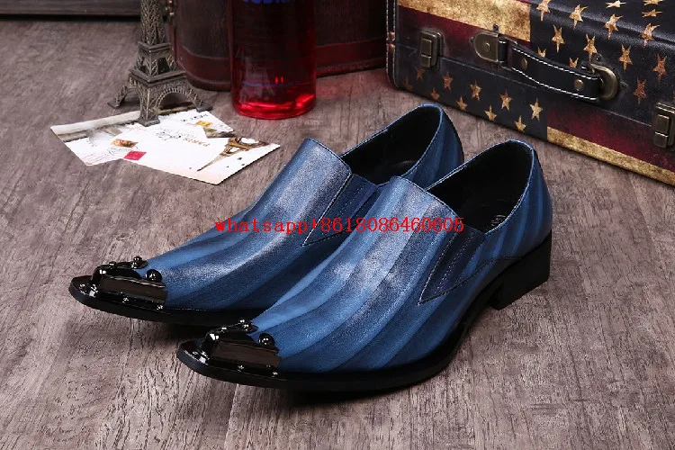 Men dress shoes luxury brand black leather blue spiked loafers slip on mens pointy shoes oxford classic wedding formal shoes