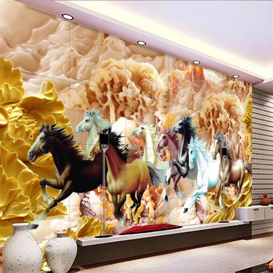 Custom wallpaper 3D solid mural high-grade wood carving Peony eight horse figure living room papier peint background wall paper