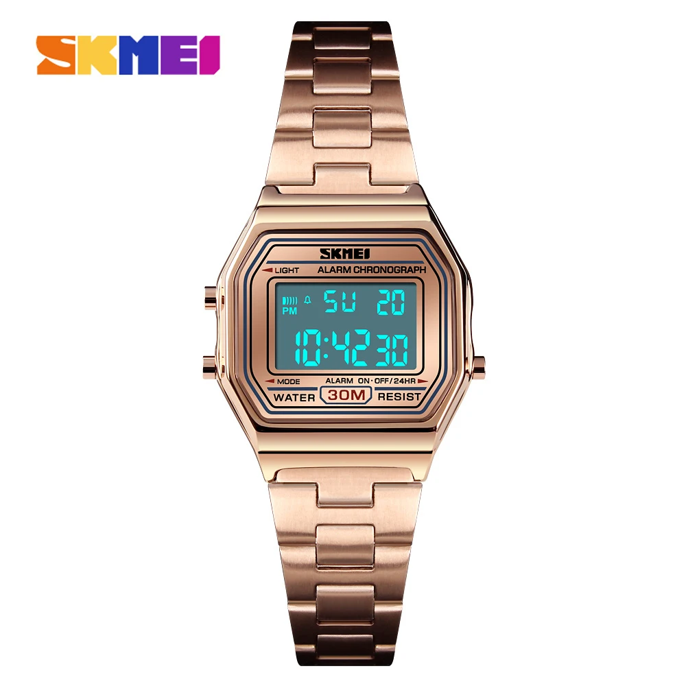 SKMEI Women Watches Digital Sport Watch Luxury Fashion Alarm Clock Stainless Steel Waterproof Ladies Watch relogio feminino 2019