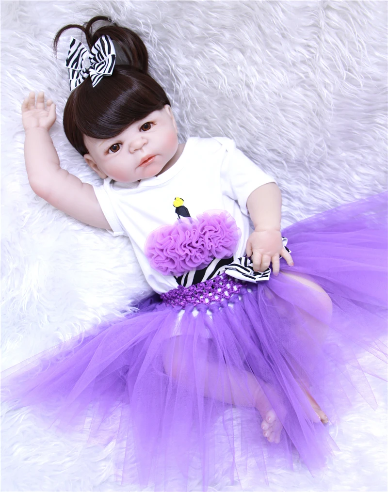 

22'' real Full silicone reborn babies dolls for children gift brown hair wig purple dress set bebe alive reborn bonecas