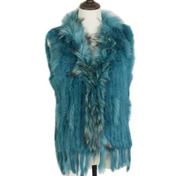 Harppihop-Real Rabbit Fur Vest com Raccoon Fur Collar para Mulheres, Colete, Casacos de Malha, Frete Grátis, Inverno