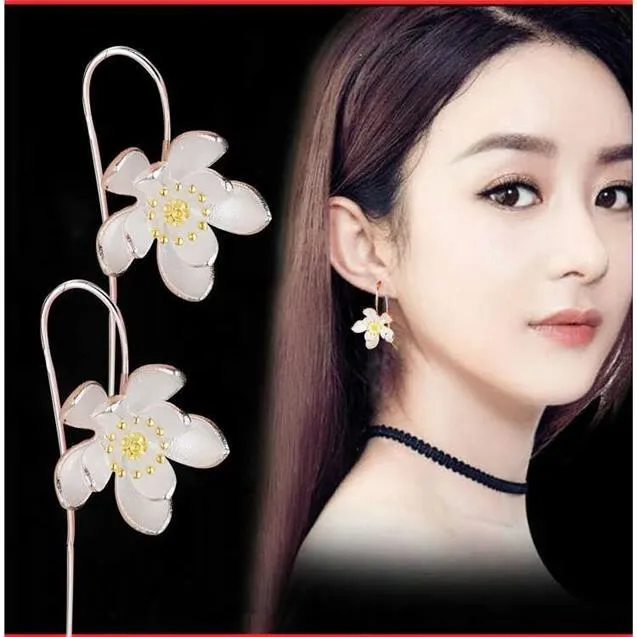 DreamySky 100% Real Silver Color  Brand Big Flower Earrings For Women Party Jewelry Gift Pendientes