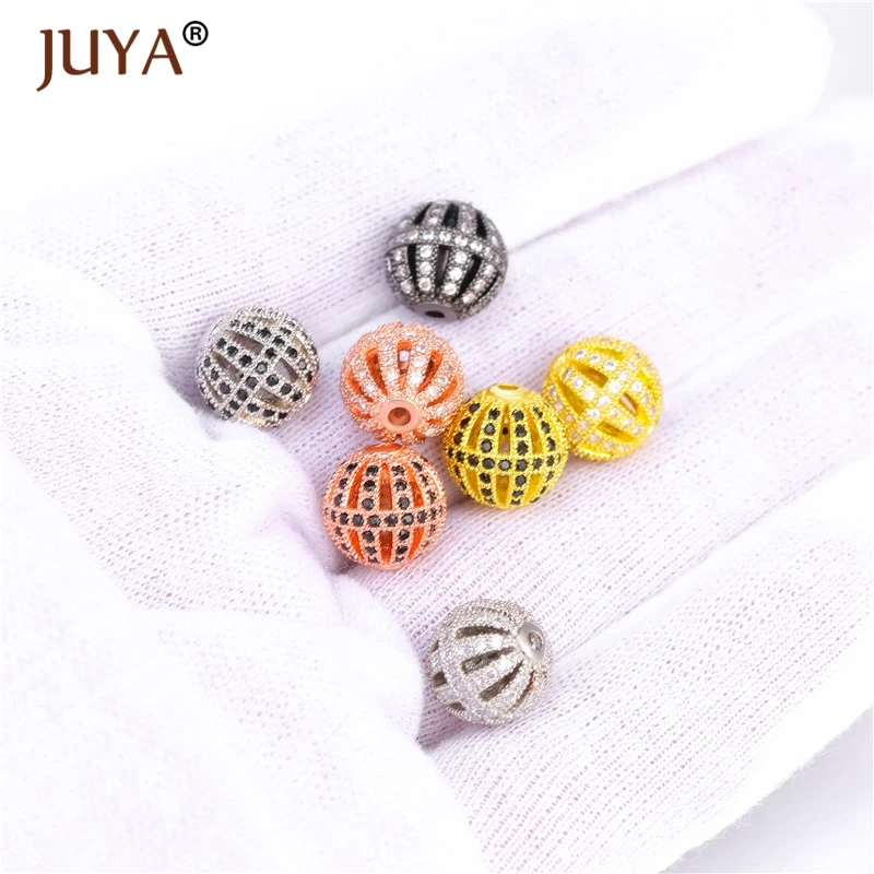 4pcs Wholesale Jewelry lots Spacer Beads Accessories DIY Bracelets 10mm Round Hollow Ball Beads copper metal Inlay CZ rhinestone