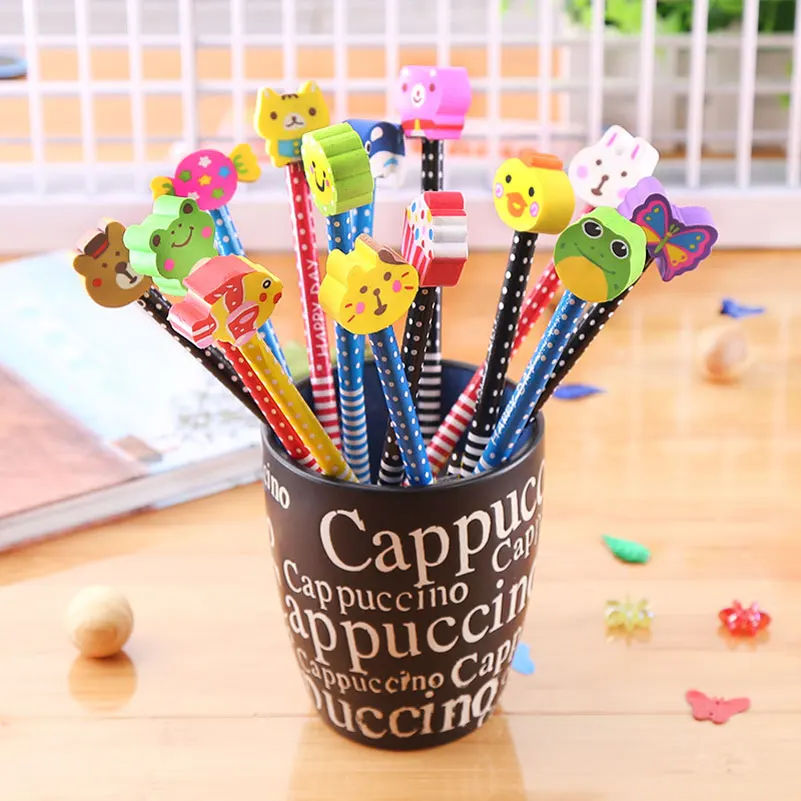 12pcs/lotAnimal Vegetables insect design HB wooden Pencil with eraser students' gift painting tools office school supplies JUGAL