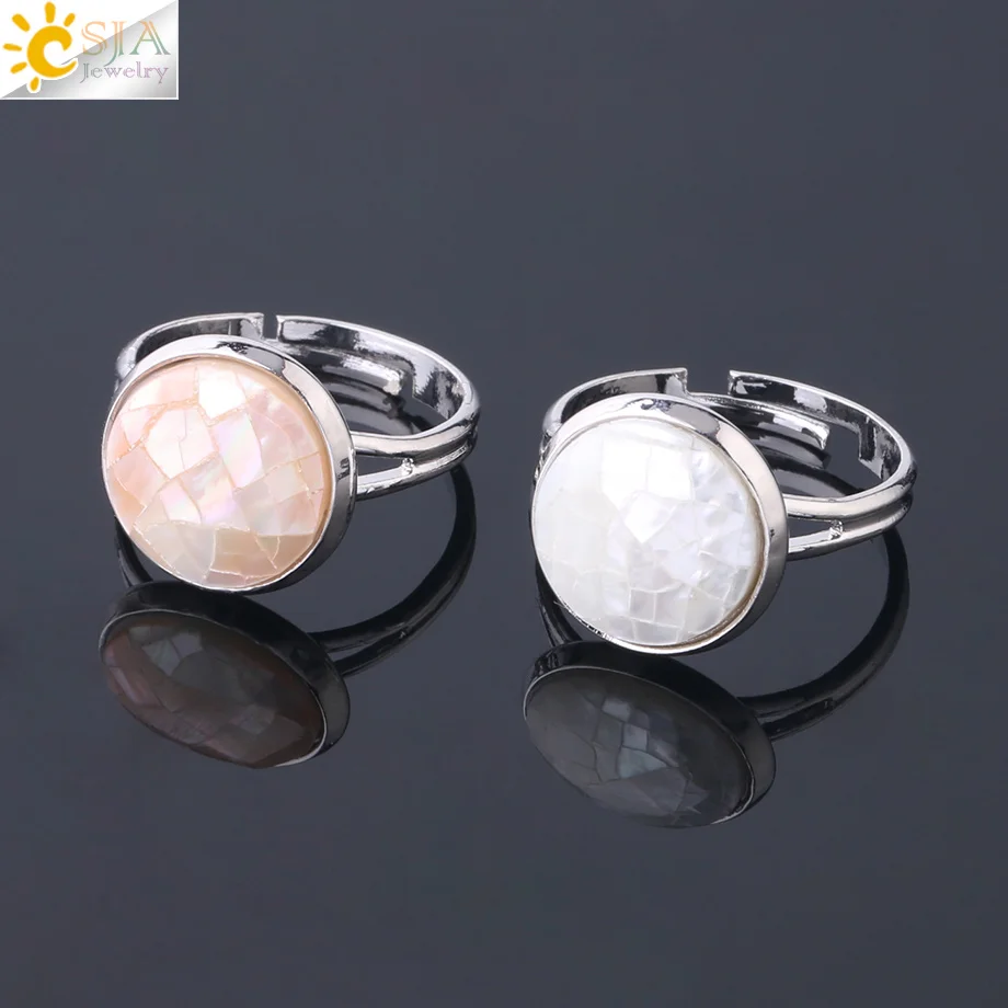 CSJA Round Natural Seashell Ring Pink White Colorful Abalone Shell Adjustable Women Finger Rings Party Daily Summer Jewelry F904