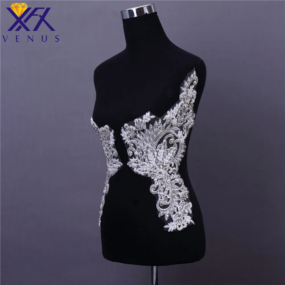 XFX VENUS 1 Pair Handcraft White rhinestone patches wedding dress trimming crystal applique embroidery,beads Cloth Bridal Decor