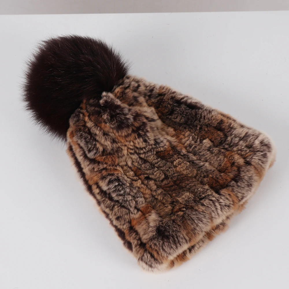 

Good Elastic Knit Fox Fur Pompom Hats For Women Striped Natural Rex Rabbit Fur Caps Winter Girls Fashion Real Fur Beanies Hat