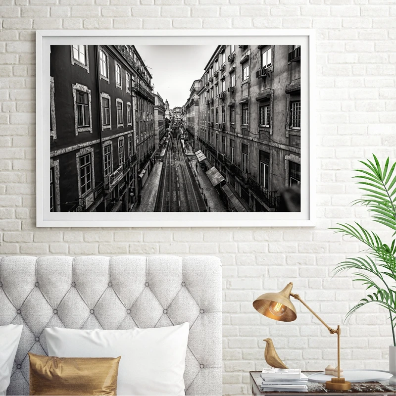 Portugal Lisbon Historic Architectural Posters and Prints Black White Wall Pictures Decor Old Street Yellow Tram Canvas Painting