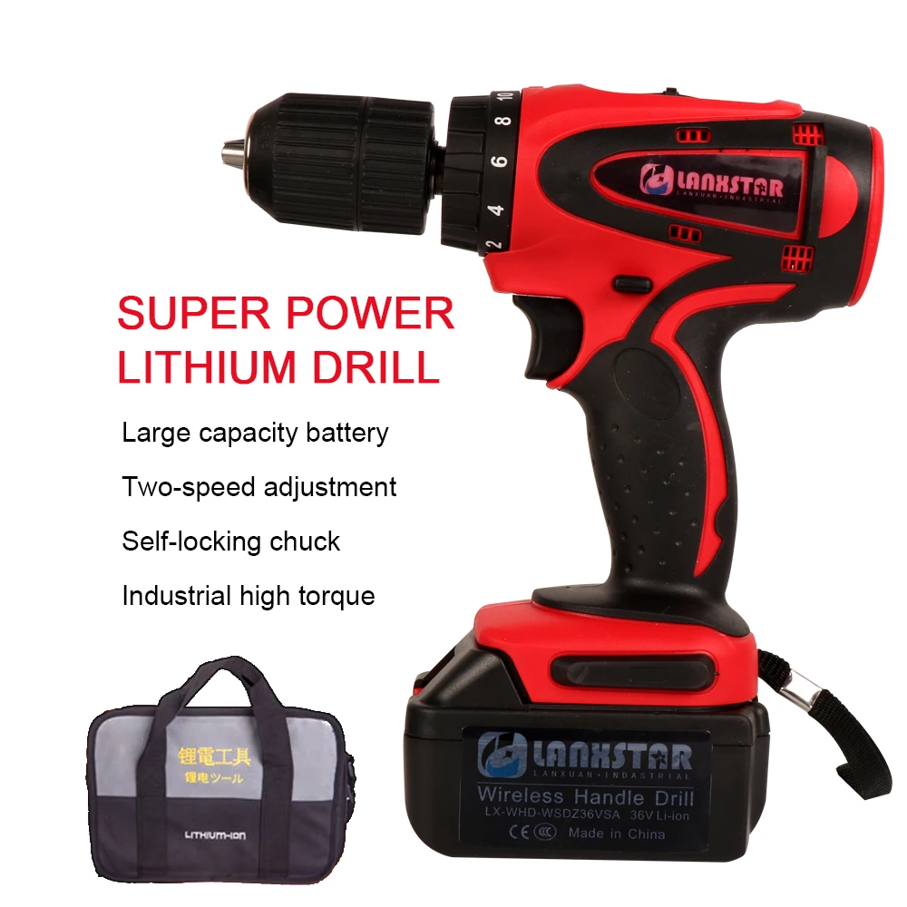 

LANXSTAR 36V High-power Cordless Drill with High-capacity Rechargeable Lithium Battery Wireless Electric screwdriver Power Tool