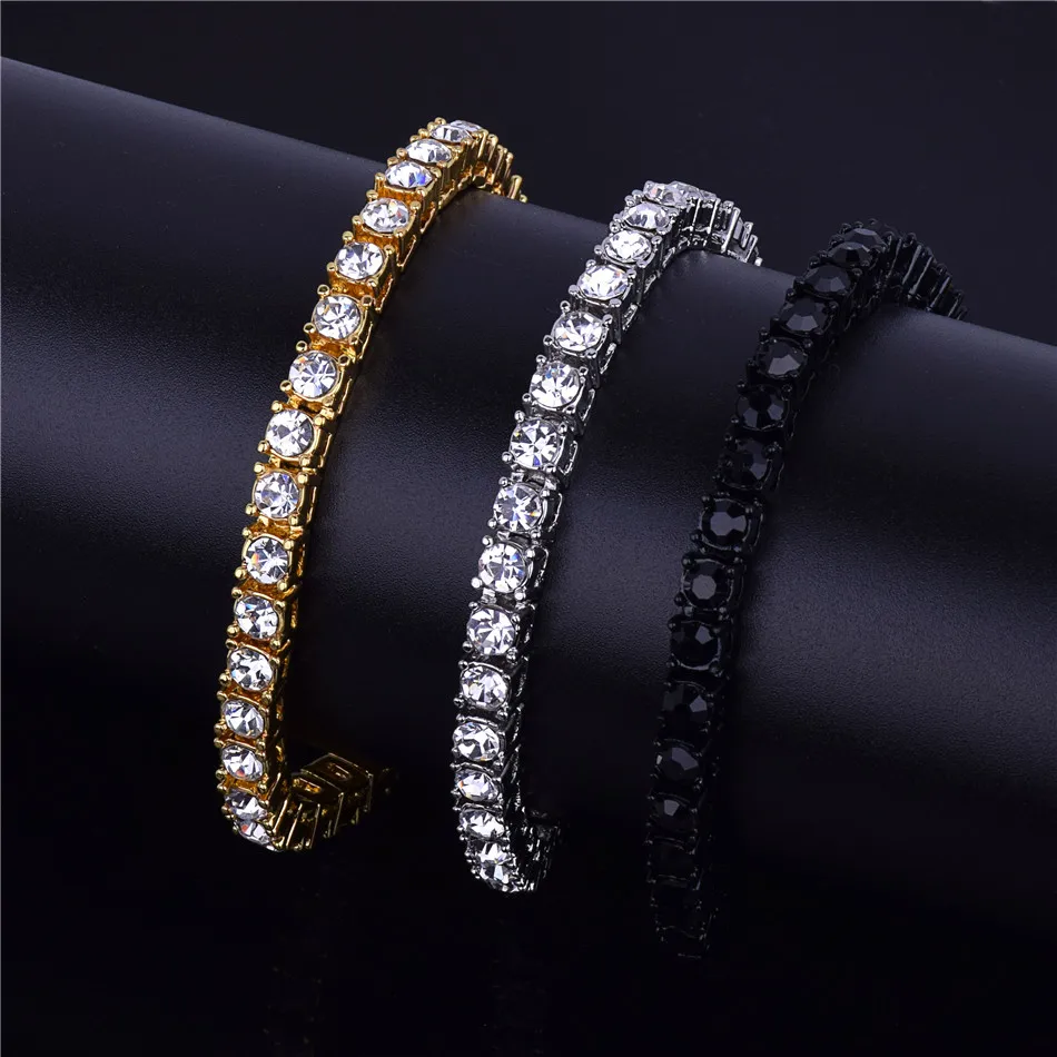 Bubble Letter Men\'s Hip hop Bracelet Tin Alloy Gold Color Iced Rhinestone Crystal 1 Row Tennis Chain Bracelet Street Rock