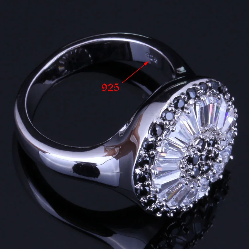 Glaring Round Black Cubic Zirconia White CZ Silver Plated Ring V0482