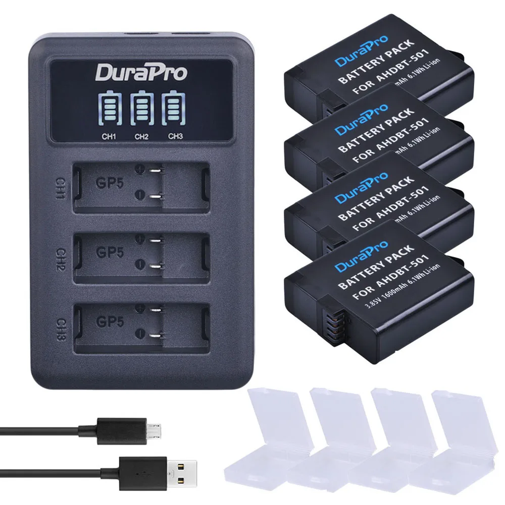 

DuraPro 4pcs 1600mAh AHDBT-501 battery + LED Display 3-Slots USB Charger for Gopro Hero 5 Go pro Hero 6 Gopro 7 Camera