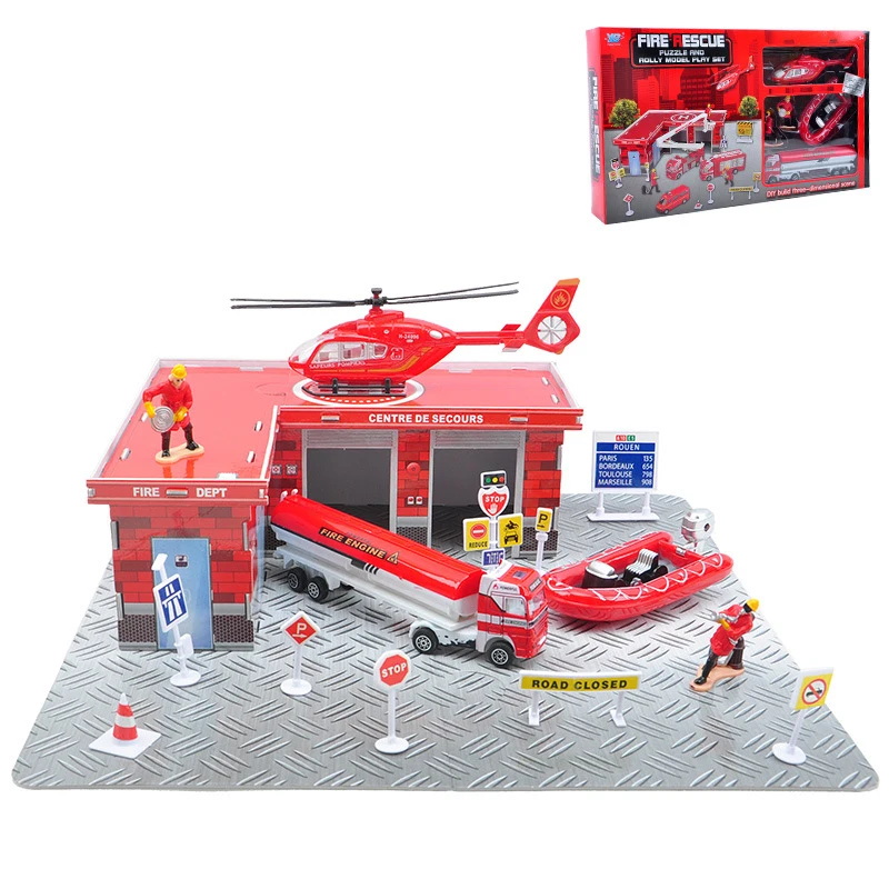 Firehouse Fire Center Model Blocks Boy Kids Toys Rescue Center Set Truck Car Boat Helicopter Blocks Vehicles Toys for Kids