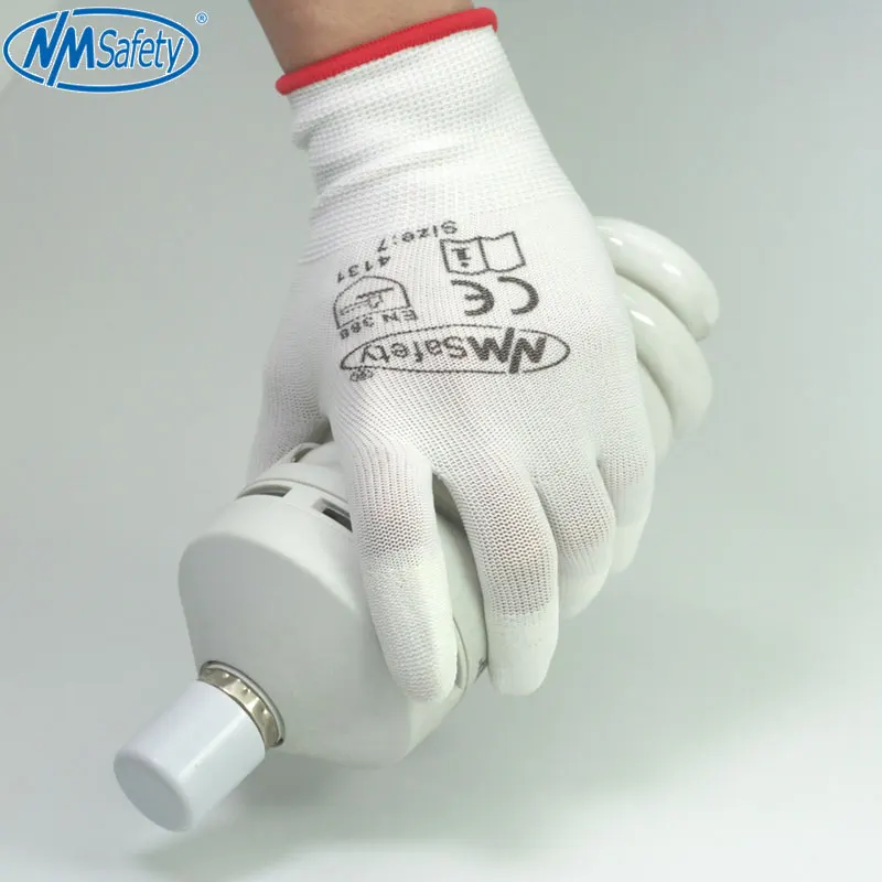 NMSafety 12 Pairs White Polyurethane Dipping Finger Anti Static Safety Work Glove