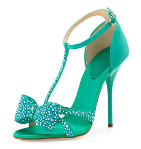 

Elegant Ligh Green Suede Leather Crystal Bowtie Sandals T-bar Wrapped Heel Sandals Turquoise Party Wedding Dress shoes woman