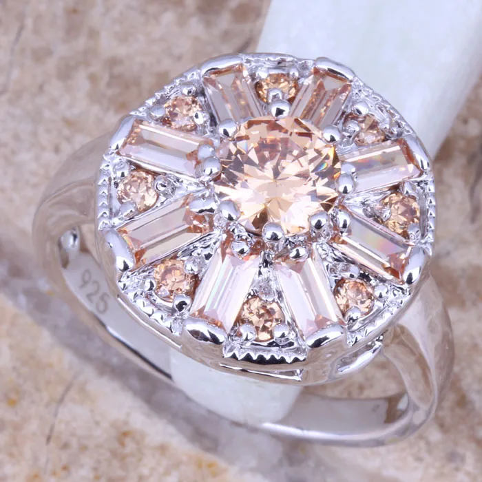 Magnificent Champagne Morganite Silver Plated  Women\'s Jewelry Ring Size 6 / 7 / 8 / 9 R0781