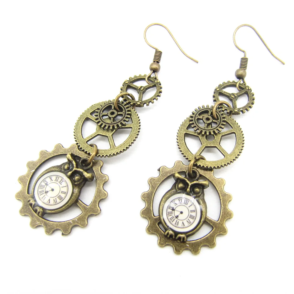 Cykopv New Original Design Owl Clock Drop and Multi Gears Vintage Steampunk Earring Female`s Accessory