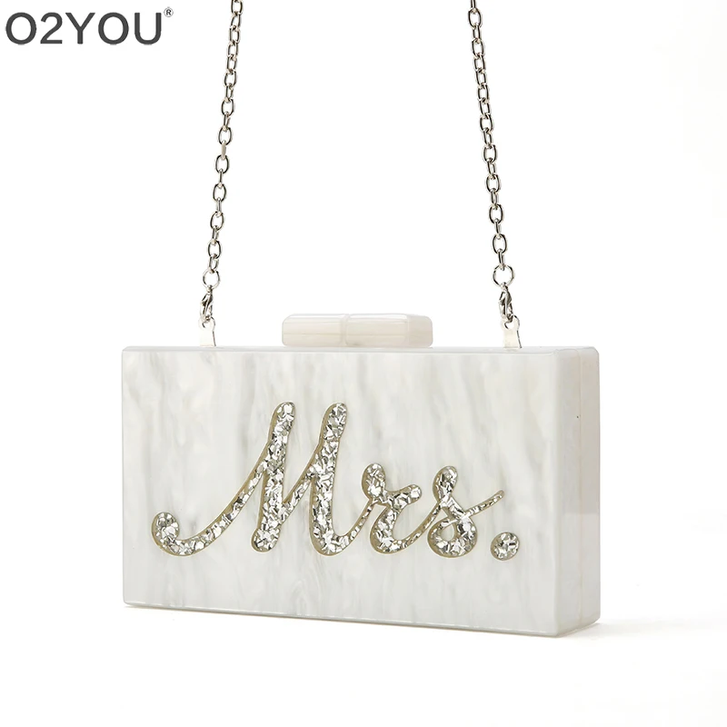 Fashion Customized Acrylic Box Clutches Lady Beach Party Handbag Pearl White With Silver Glitter Or Gold Glitter Name Mrs Letter