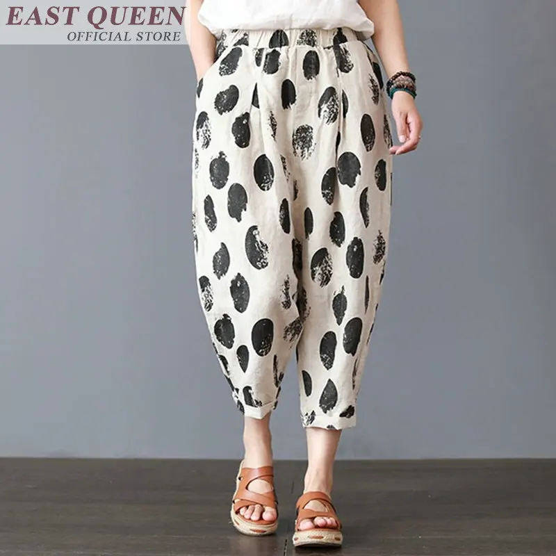 

2018 summer new fashion pants for women floral black dots printed mid waist loose pants little feet linen trousers DD766 a