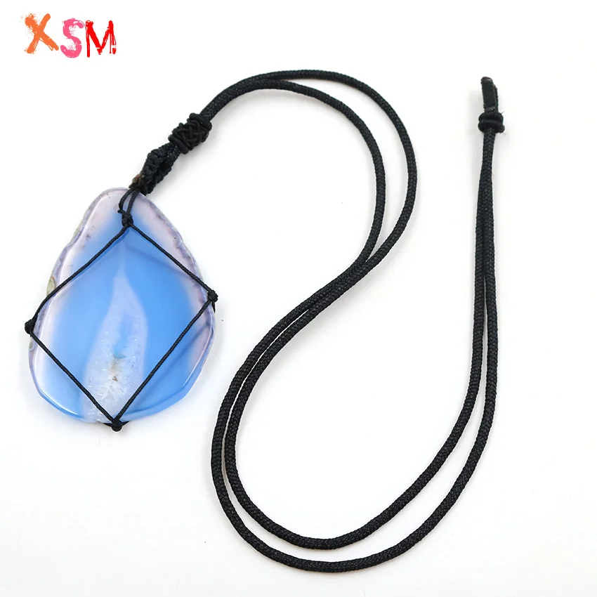 xinshangmie Irregular Natural Agates Slice Blue Raw Stone Pendant Necklace for Women DIY Handmade Weave Statement Jewelry