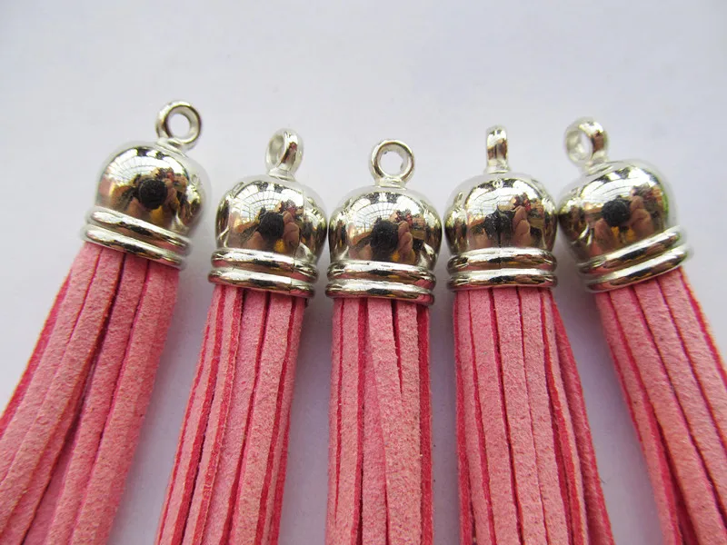 Free Shipping 100Pcs 59mm Pink Suede Leather Jewelry Tassel For Key Chains/ Cellphone Charms Top Plated End Caps Cord Tip