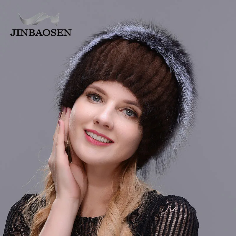 JINBAOSEN Fashion Mink Fur Fox Hat Woman Winter Warm Fox Knitted Hat Woman New Natural Fur And Water drill Ski Hat