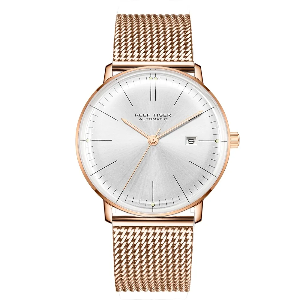 Reef Tiger Classic Serier RGA8215 Men Fashion Business Dress Ultra Thin Automatic Self-wind Mechanical Wrist Watch -Steel Band