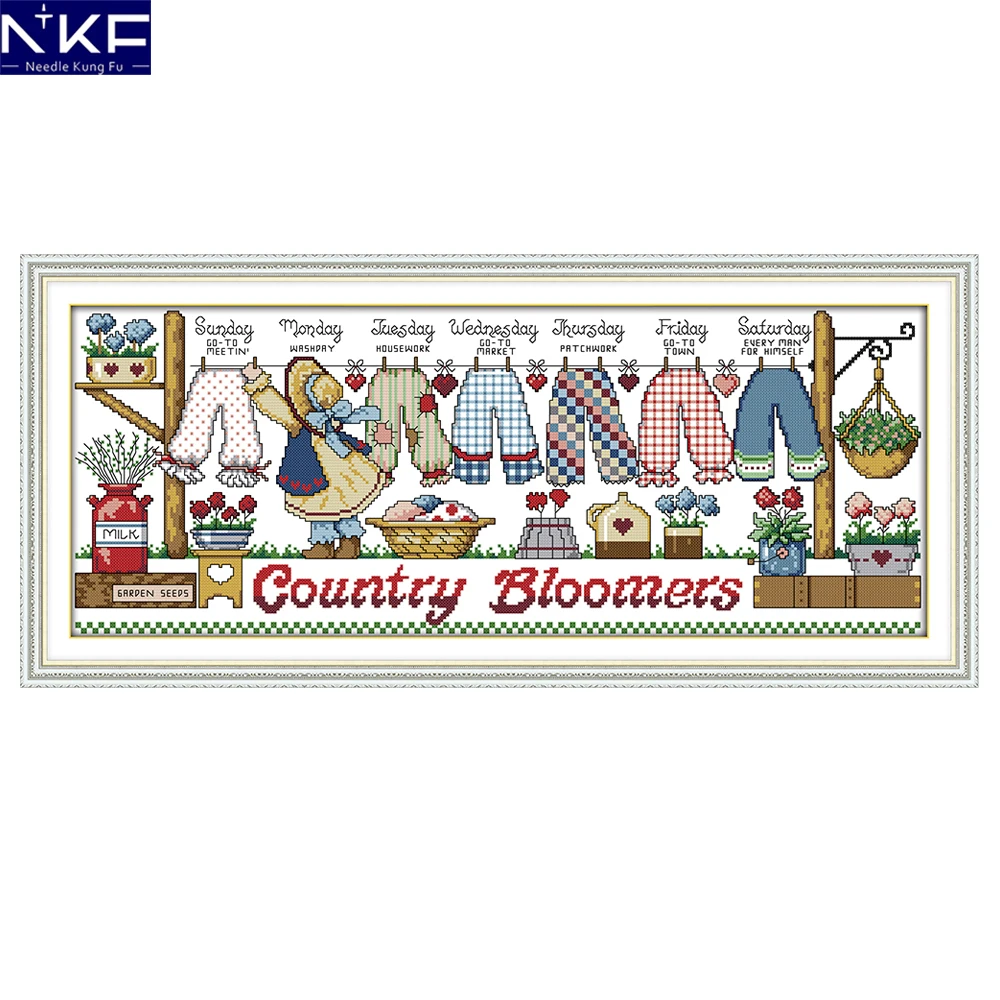 NKF Drying The Clothes Stamped Cross Stitch Pattern 11CT 14CT DIY Needlework Embroidery Chinese Cross Stitch Set for Home Decor