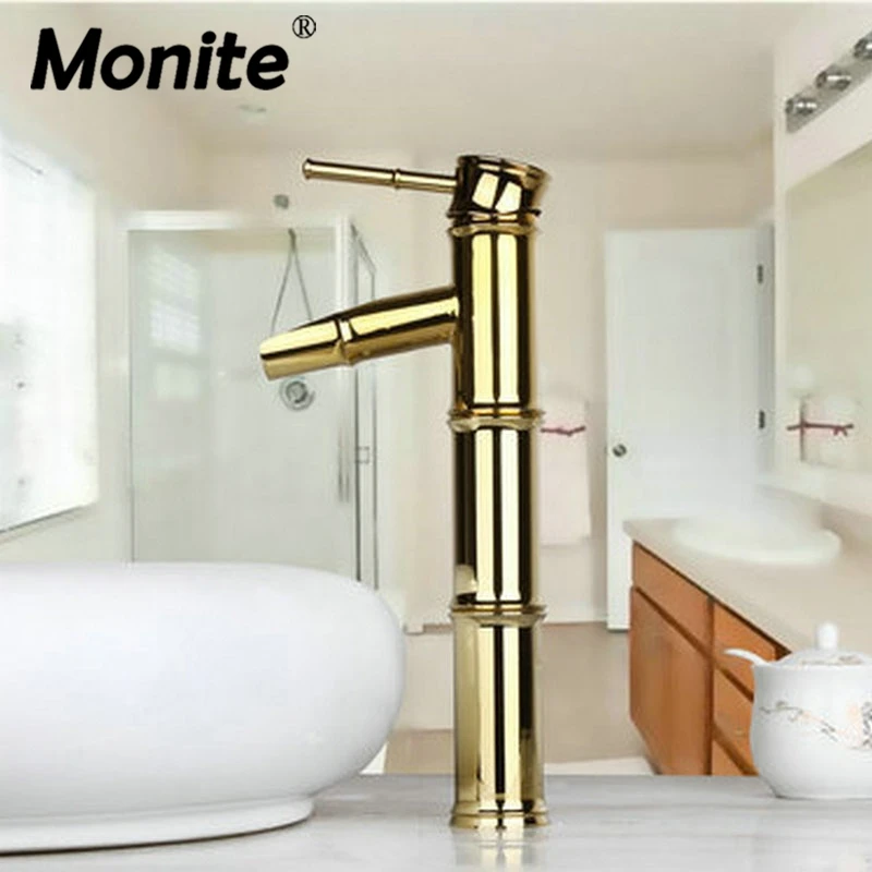 

Monite Waterfall Golden Faucets Basin Bathroom New Brand Bamboo Design Deck Mounted Singel Handle Sink Faucets Mixer Taps