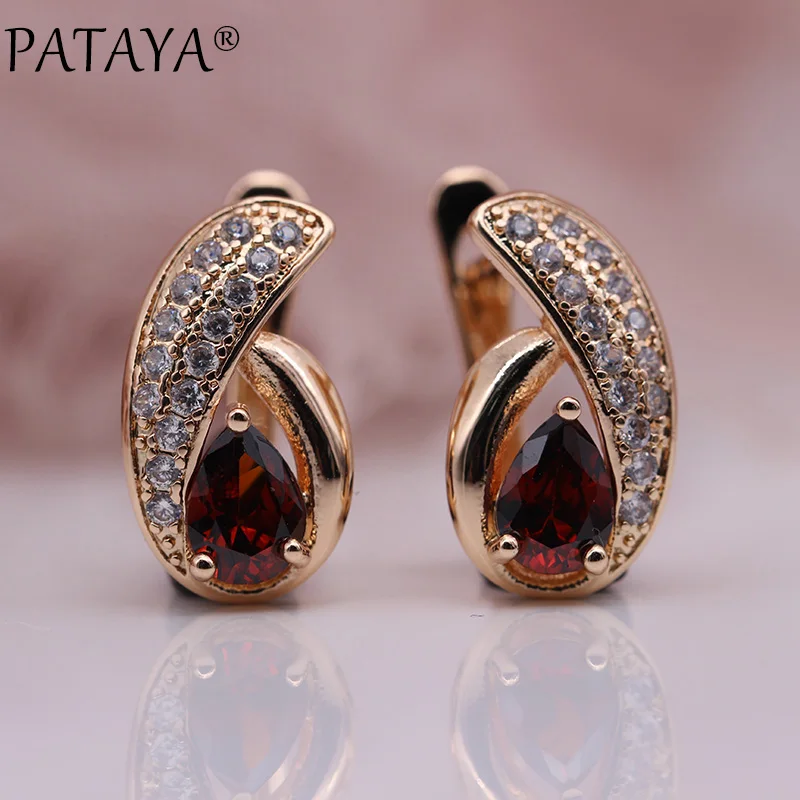 PATAYA New Cute Water Drop Colors Green Natural Zircon Dangle Earrings Women Wedding Party Jewelry 585 Rose Gold Color Earring