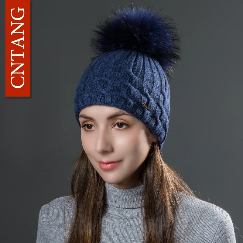 CNTANG Double Layer Women Wool Caps With Natural Raccoon Fur Pompoms Hats Winter Warm Knitted Twist Beanies Fashion Female Hat