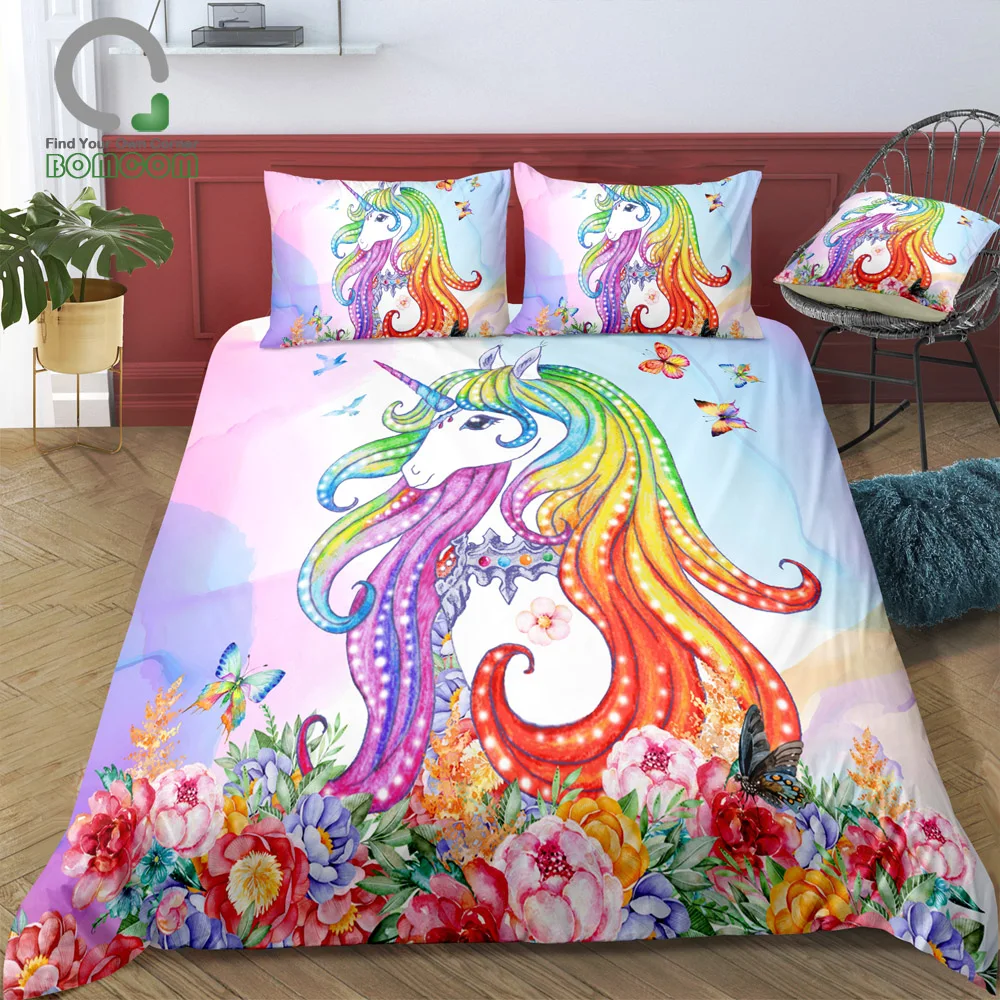 BOMCOM 3D Digital Printing Bedding Set Hand Drawn rainbow hair Unicorn in flowers 3-Piece Duvet Cover Sets 100% Microfiber